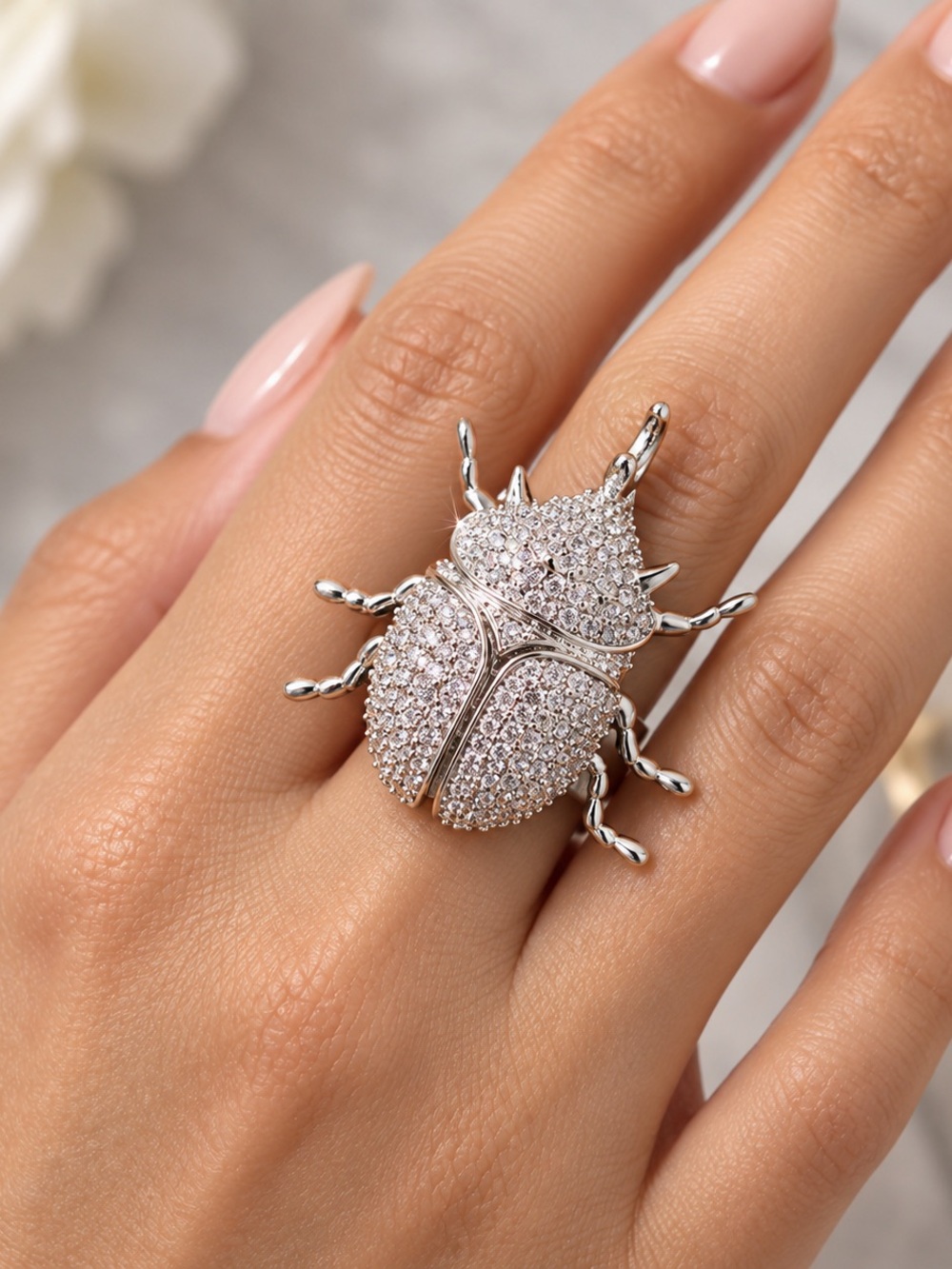 nOir NYC Crystal Pavé Beetle Statement Ring Silver Size 7 NWT